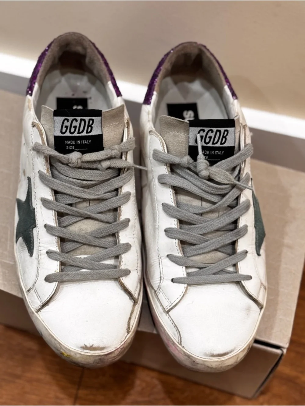 ✨ Golden Goose Super-Star Sneakers – White / Green Star / Purple Glitter Heel 39